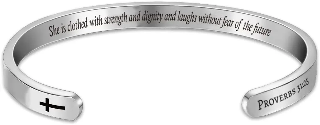 Q&Locket Cross Inspirational Bracelet Christian Gift for Women Personalized Custom Engraved Religious Holy Bible Verse Mens Name Cuff Bangle Bracelets Stainless Steel Mantra Jewelry
