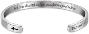 Q&Locket Cross Inspirational Bracelet Christian Gift for Women Personalized Custom Engraved Religious Holy Bible Verse Mens Name Cuff Bangle Bracelets Stainless Steel Mantra Jewelry
