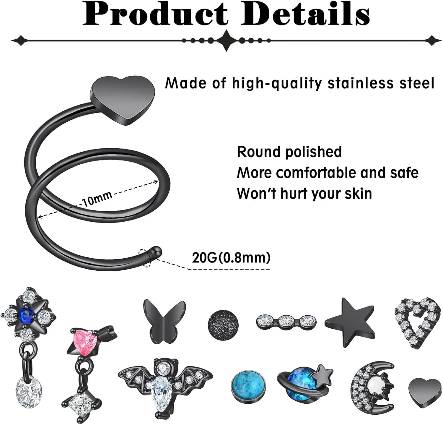 Qmcandy Stainless Steel Dangle Nose Hoop Spiral Twist Nose Studs Piercing Nose Ring for Women Men