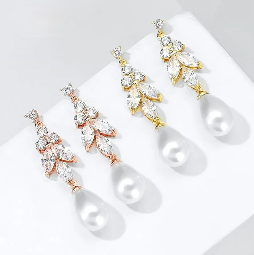 "Robbie" - Pearl and Cubic Zirconia Bridal Earrings - Available in Rose Gold, Silver and Yellow Gold