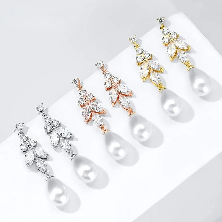 "Robbie" - Pearl and Cubic Zirconia Bridal Earrings - Available in Rose Gold, Silver and Yellow Gold