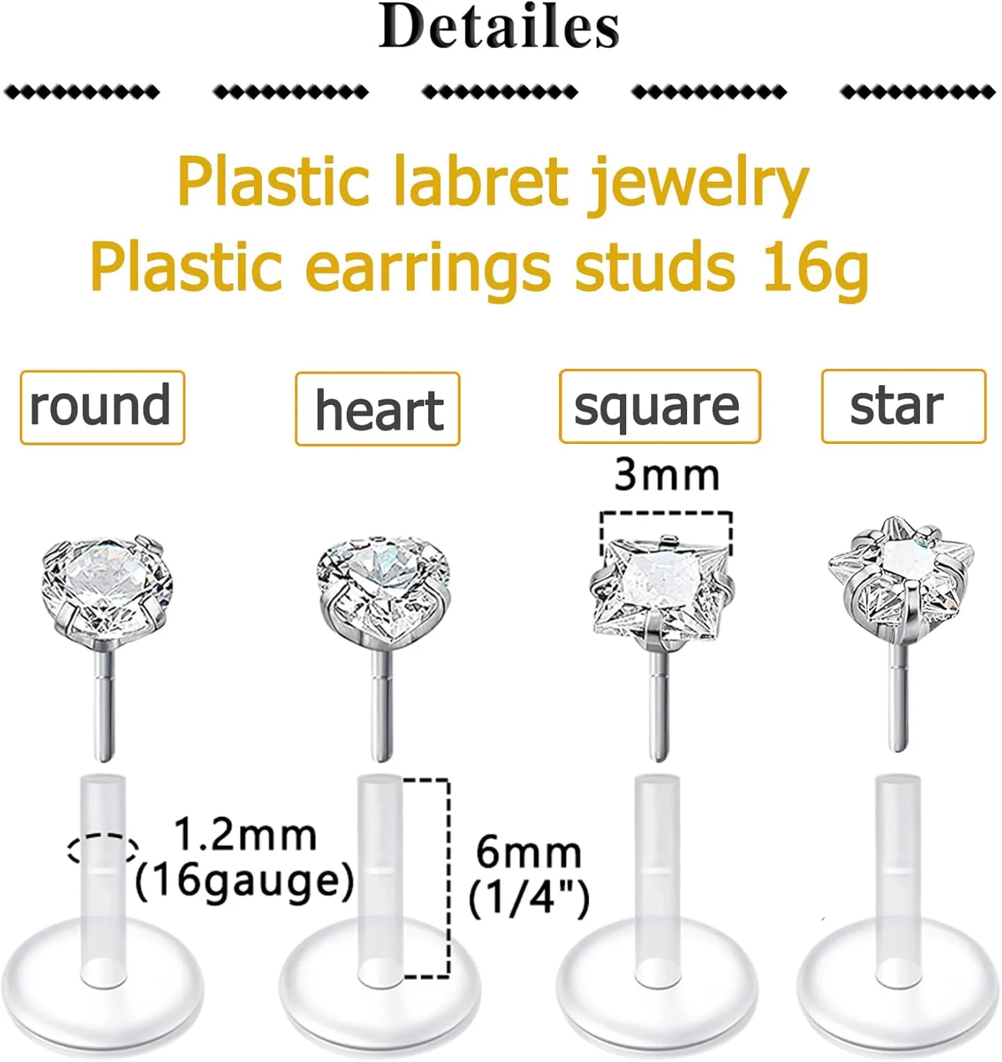 QWALIT 16G Clear Lip Rings Studs Plastic Medusa Labret Piercing Jewelry Push in Cartilage Earring Tragus Earrings Threadless Helix Piercing Jewelry Helix Earrings 6mm 8mm 10mm