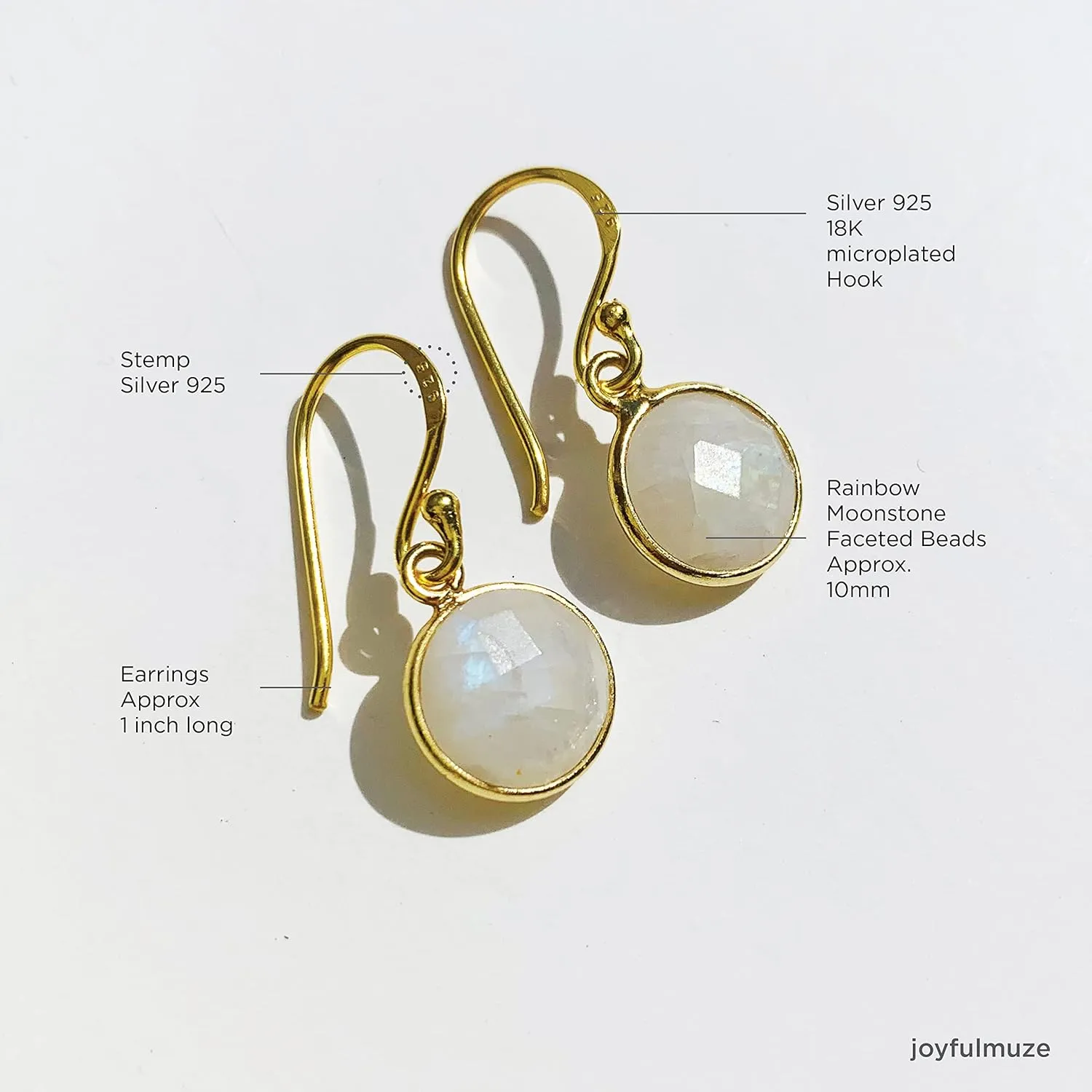 Rainbow Moonstone, Chakra Healing Crystal, Natural Minimal White Stone, Sterling Silver Plated Gold Handmade Jewelry, Gift for Women, 1" long (Rainbow-Moonstone-Gold)