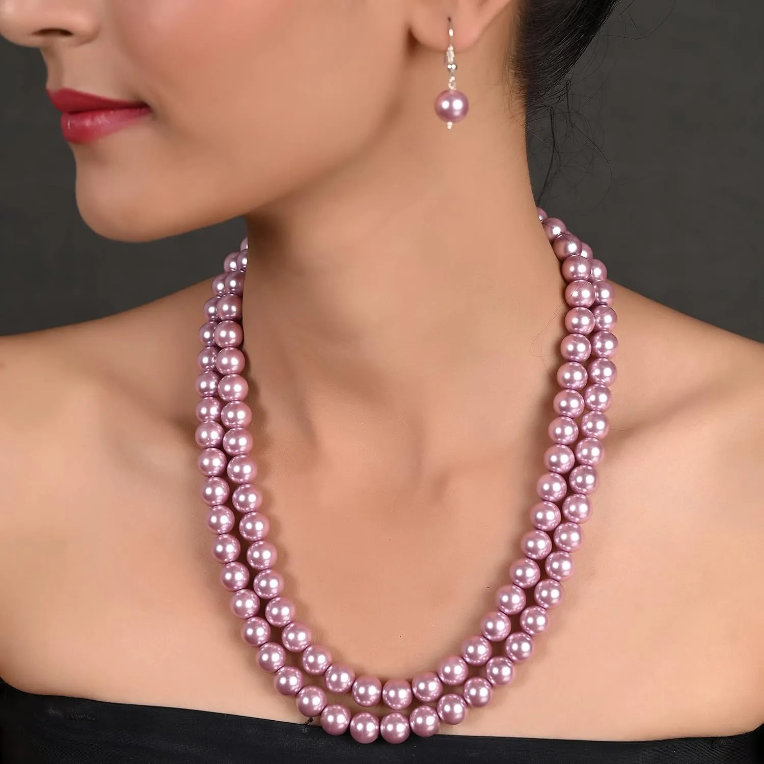 Ratnavali Jewels Shell Cultured 10mm Pearl Double Strand Necklace for Women in 18 Inch Length with Hook Earrings
