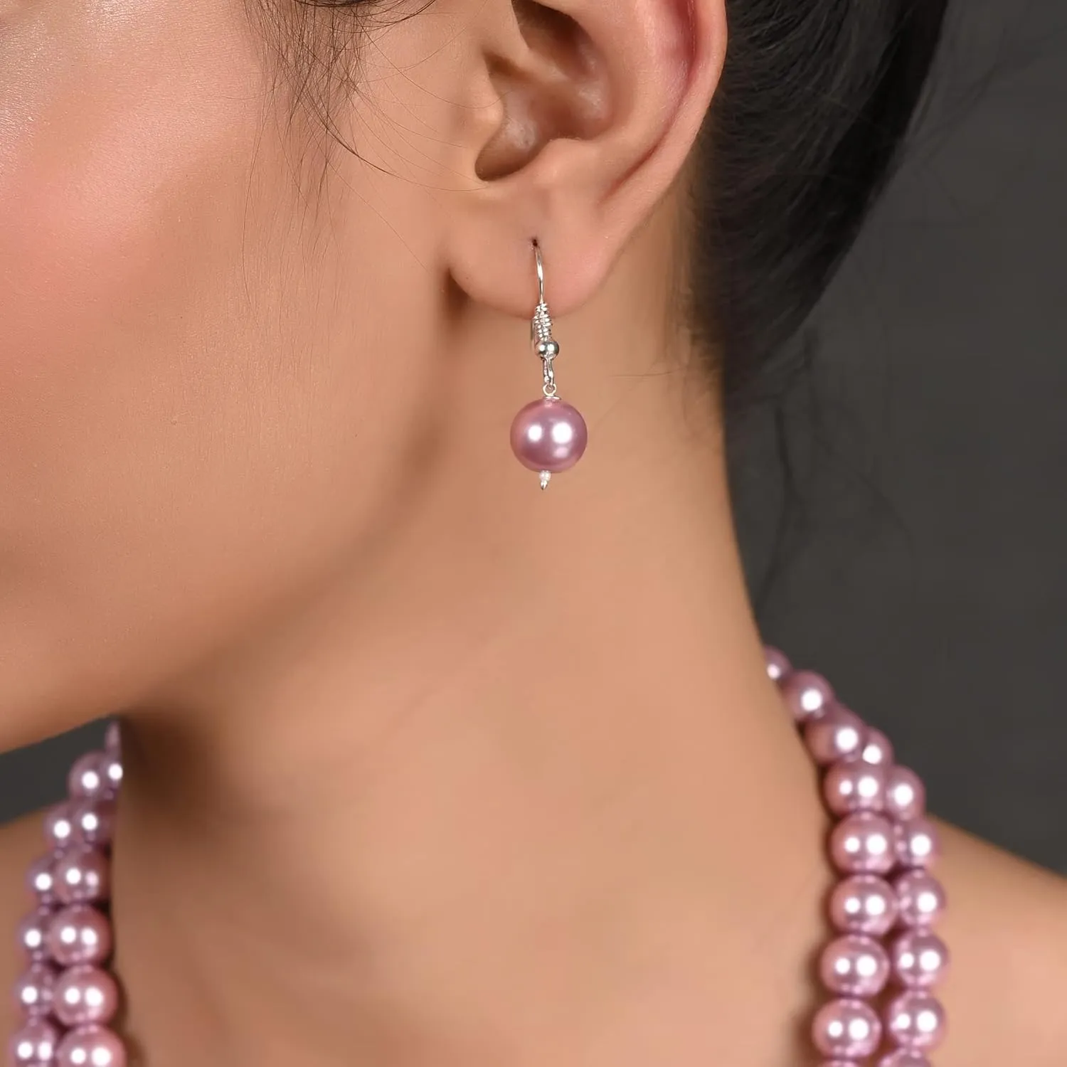 Ratnavali Jewels Shell Cultured 10mm Pearl Double Strand Necklace for Women in 18 Inch Length with Hook Earrings