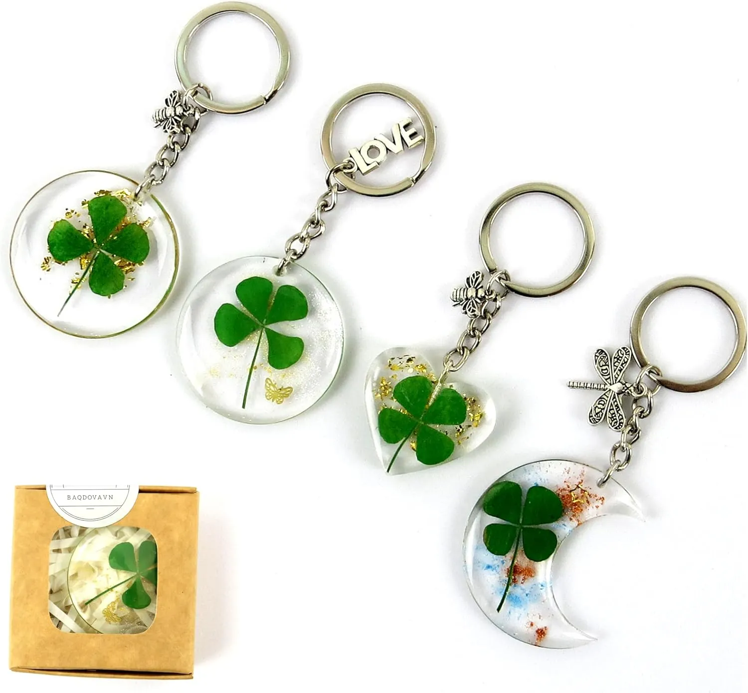 Real Lucky Green 4 Leaf Clovers Key Ring Four Leaf Clover Keychain for WomenGirl Boy Charms Keychain Accessories