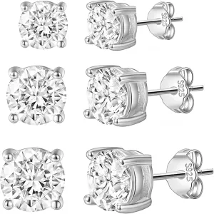 Reffeer Solid 925 Sterling Silver 3 Pairs Cubic Zirconia Earrings Studs for Women Teens CZ Stud Earrings Hypoallergenic