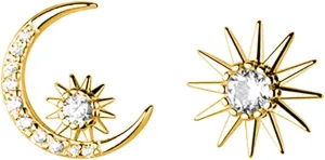 Reffeer Solid 925 Sterling Silver CZ Moon Star Earrings Stud for Women Teens Moon Sun Studs Earrings Asymmetric