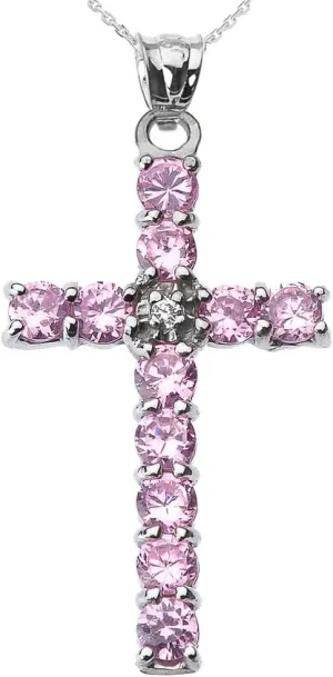 Religious Jewelry Fine 10k White Gold Diamond and Pink CZ Cross Pendant Necklace, 16"