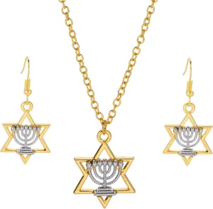 Religious Jewish Star of David Earrings Necklace Jewelry Set Israel Hanukkah Menorah Candle Candelabrum Candlestick Drop Earring for Women