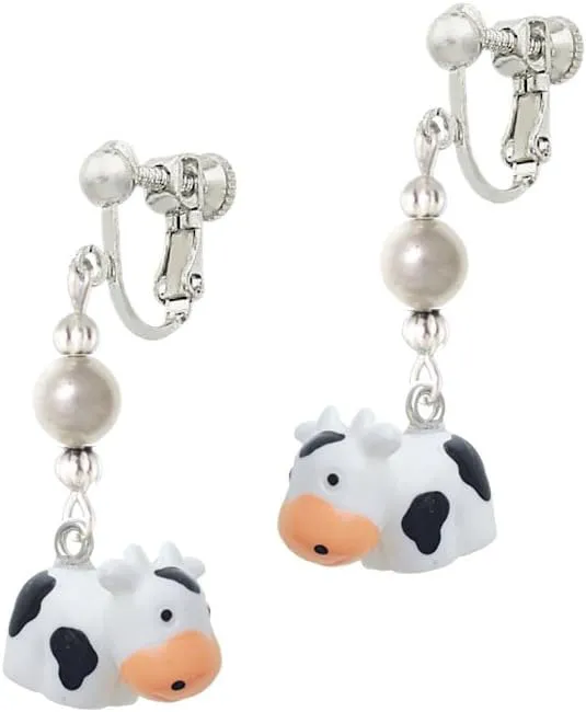 Resin Black and White Cow Czech Glass Bead Dangle Clip On Earrings