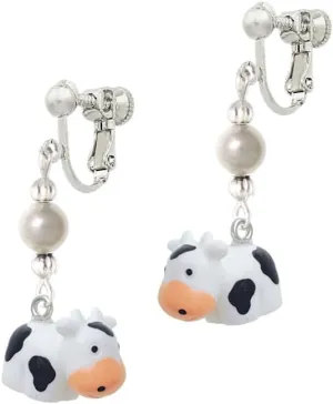 Resin Black and White Cow Czech Glass Bead Dangle Clip On Earrings