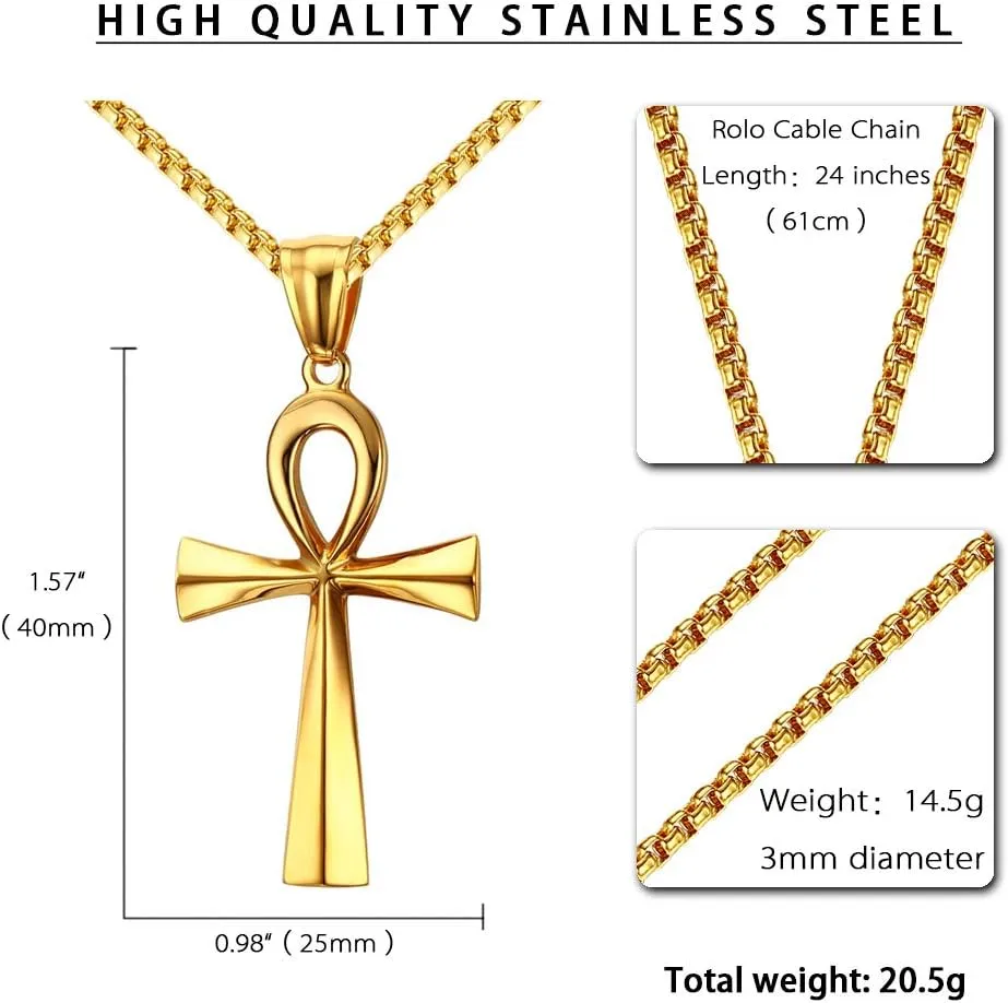 REVEMCN Men's Stainless Steel Black Gold Silver Coptic Ankh Cross Pendant Chain Necklace for Men Women Egyptian Religious jewelry Gifts, 20-24 Inches Box Chain
