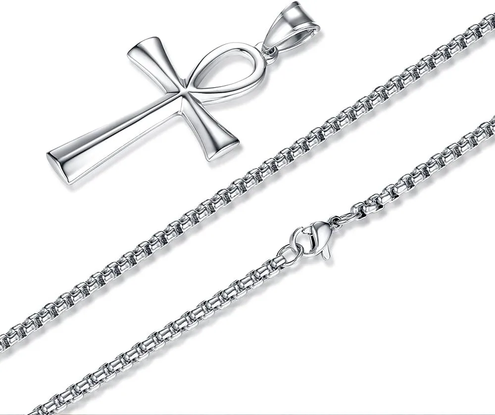 REVEMCN Men's Stainless Steel Black Gold Silver Coptic Ankh Cross Pendant Chain Necklace for Men Women Egyptian Religious jewelry Gifts, 20-24 Inches Box Chain