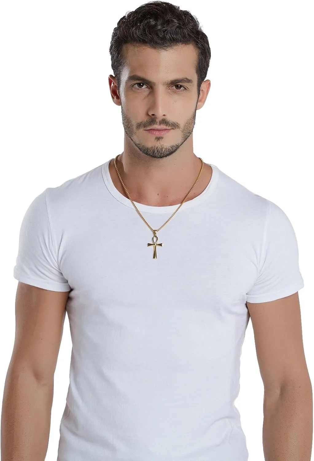 REVEMCN Men's Stainless Steel Black Gold Silver Coptic Ankh Cross Pendant Chain Necklace for Men Women Egyptian Religious jewelry Gifts, 20-24 Inches Box Chain