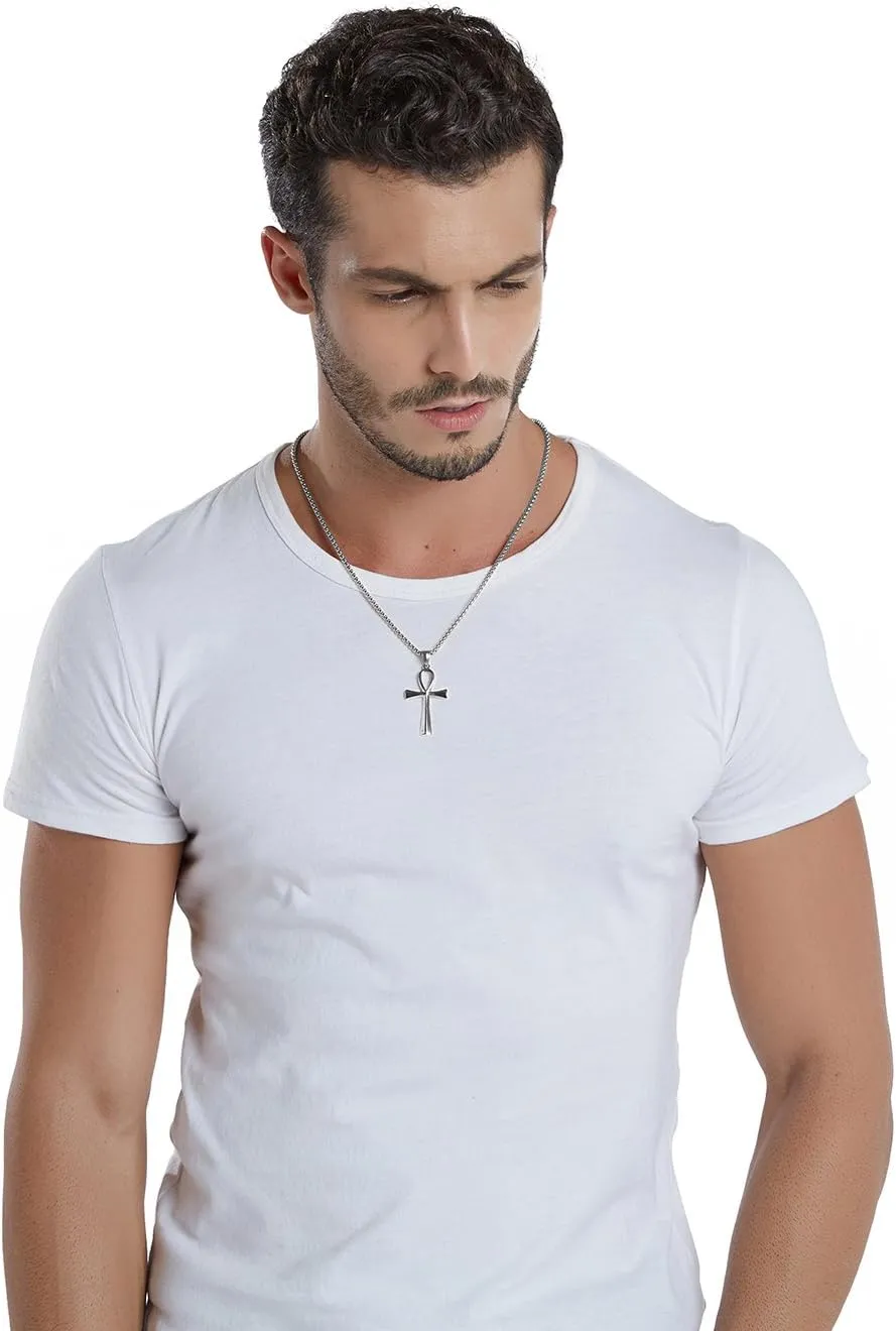 REVEMCN Men's Stainless Steel Black Gold Silver Coptic Ankh Cross Pendant Chain Necklace for Men Women Egyptian Religious jewelry Gifts, 20-24 Inches Box Chain