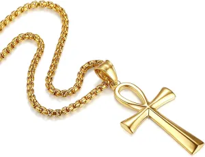 REVEMCN Men's Stainless Steel Black Gold Silver Coptic Ankh Cross Pendant Chain Necklace for Men Women Egyptian Religious jewelry Gifts, 20-24 Inches Box Chain