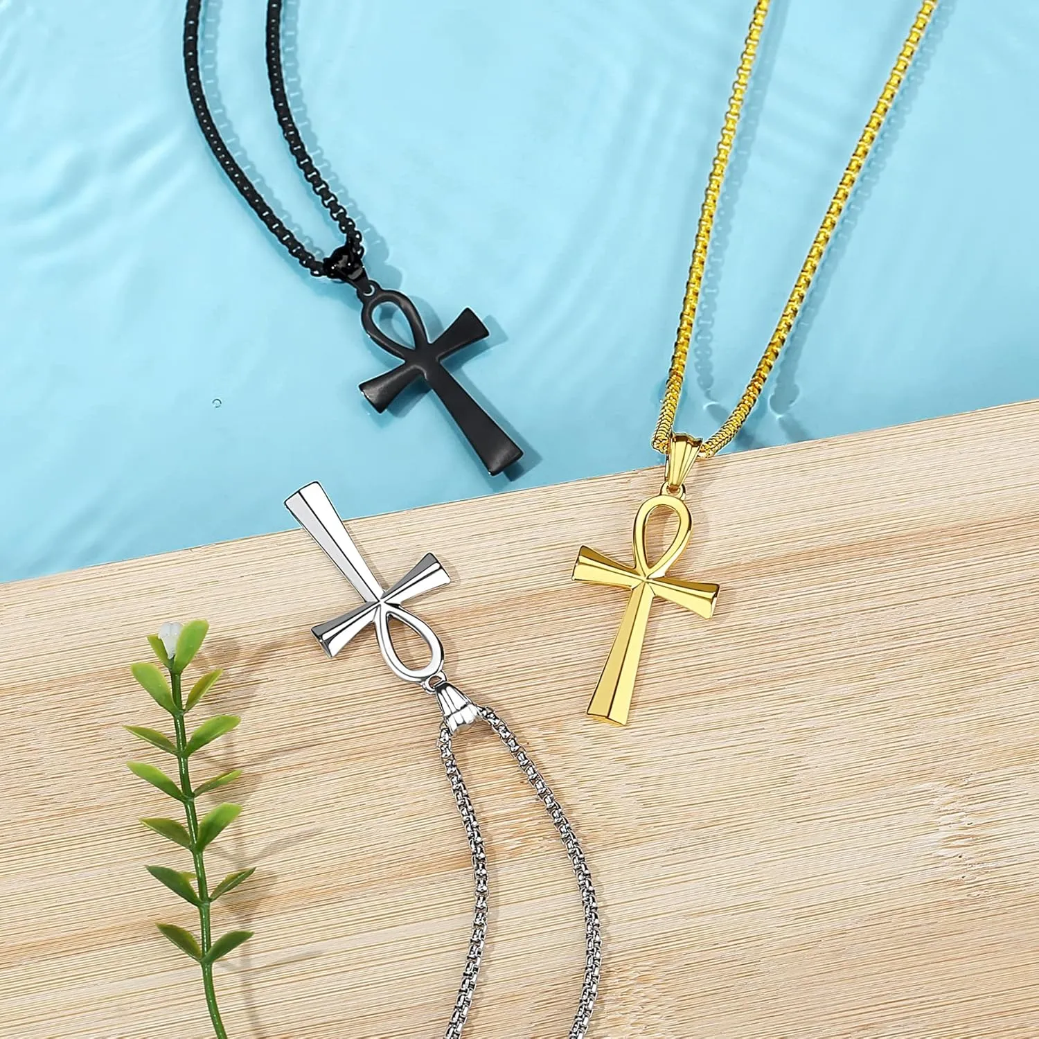 REVEMCN Men's Stainless Steel Black Gold Silver Coptic Ankh Cross Pendant Chain Necklace for Men Women Egyptian Religious jewelry Gifts, 20-24 Inches Box Chain