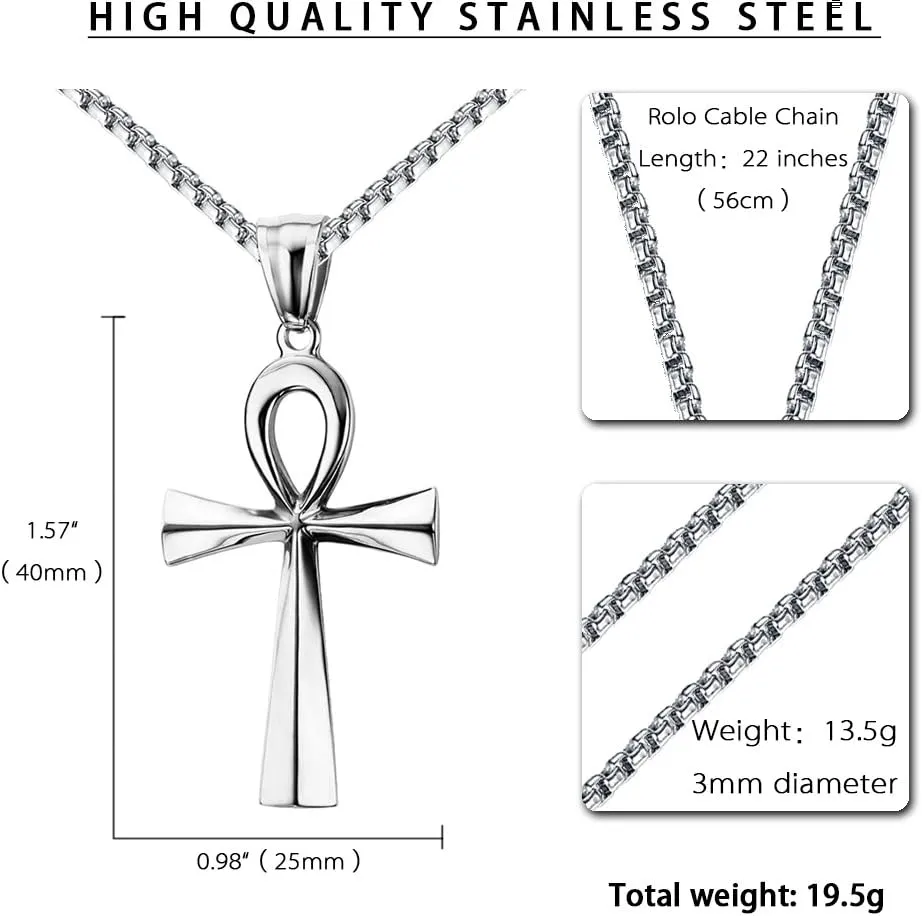 REVEMCN Men's Stainless Steel Black Gold Silver Coptic Ankh Cross Pendant Chain Necklace for Men Women Egyptian Religious jewelry Gifts, 20-24 Inches Box Chain