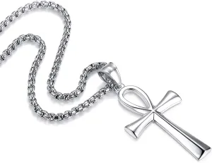 REVEMCN Men's Stainless Steel Black Gold Silver Coptic Ankh Cross Pendant Chain Necklace for Men Women Egyptian Religious jewelry Gifts, 20-24 Inches Box Chain