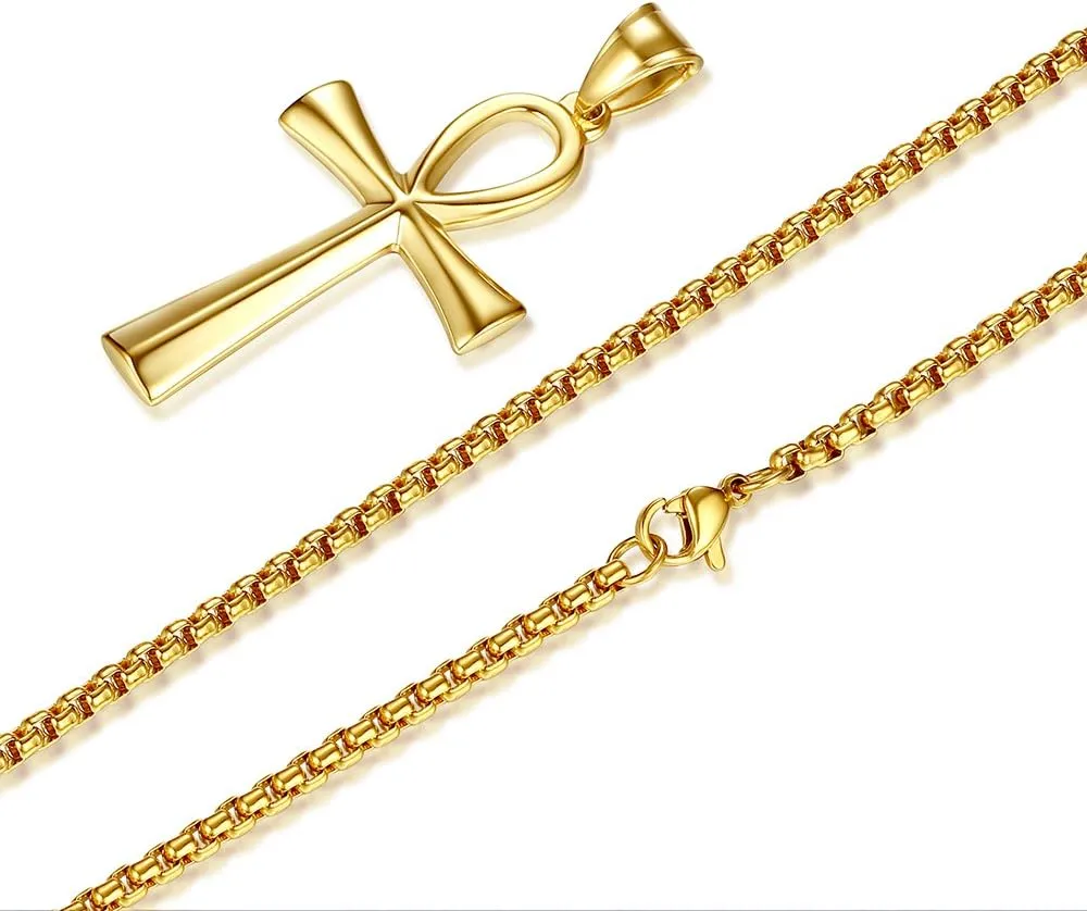 REVEMCN Men's Stainless Steel Black Gold Silver Coptic Ankh Cross Pendant Chain Necklace for Men Women Egyptian Religious jewelry Gifts, 20-24 Inches Box Chain