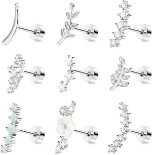 REVOLIA 9Pcs 16G Stainless Steel Cartilage Stud Earrings for Women Opal Flower Leaf CZ Inlaid Flat Earrings Helix Curved Studs Tragus Conch Daith Ear Piercing Jewelry 6/8MM