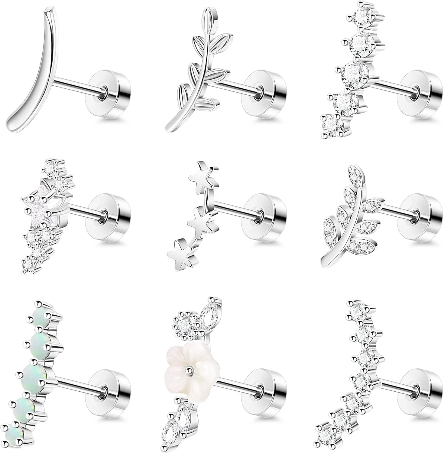 REVOLIA 9Pcs 16G Stainless Steel Cartilage Stud Earrings for Women Opal Flower Leaf CZ Inlaid Flat Earrings Helix Curved Studs Tragus Conch Daith Ear Piercing Jewelry 6/8MM