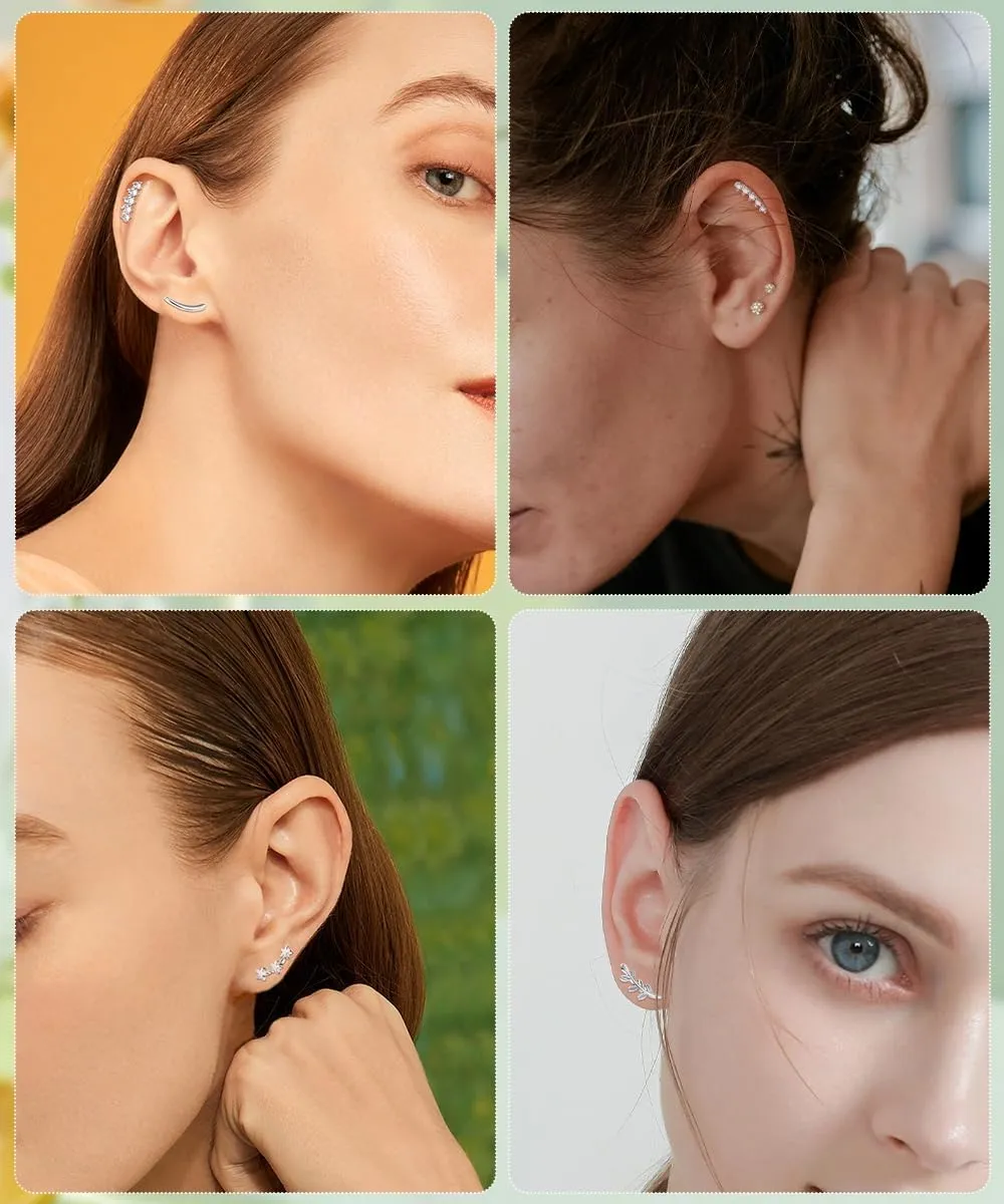 REVOLIA 9Pcs 16G Stainless Steel Cartilage Stud Earrings for Women Opal Flower Leaf CZ Inlaid Flat Earrings Helix Curved Studs Tragus Conch Daith Ear Piercing Jewelry 6/8MM