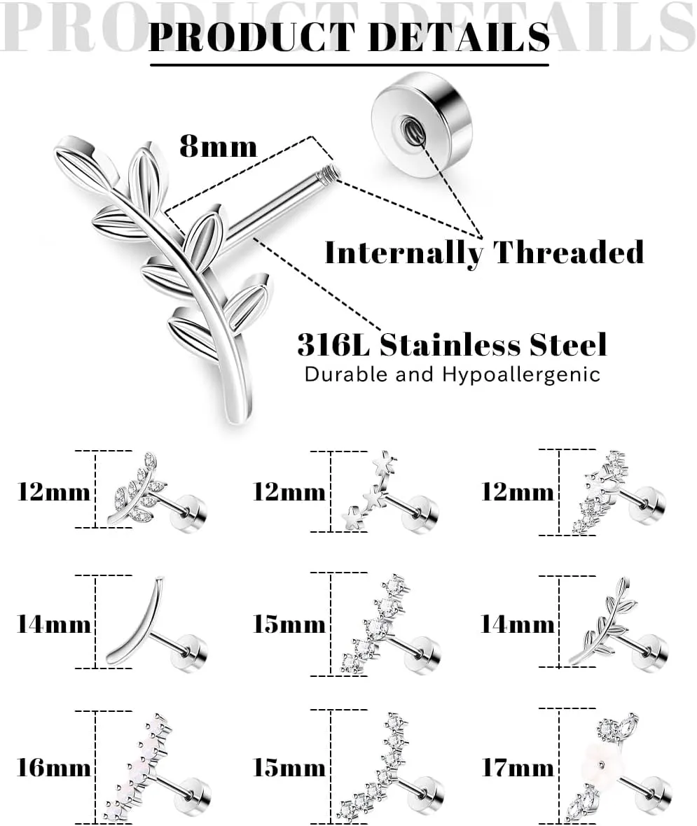 REVOLIA 9Pcs 16G Stainless Steel Cartilage Stud Earrings for Women Opal Flower Leaf CZ Inlaid Flat Earrings Helix Curved Studs Tragus Conch Daith Ear Piercing Jewelry 6/8MM