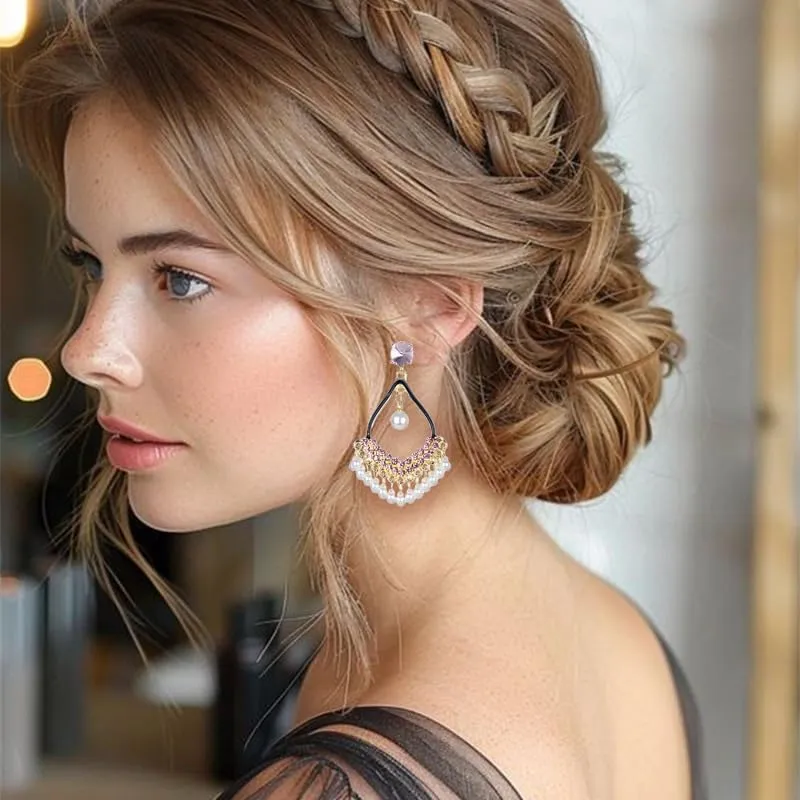 Rhinestone Chandelier Earrings for Women Dainty Sparkly 14K Gold Bohemian Cubic Zirconia Crystal Pearl Ball Tassel Teardrop Dangle Drop Statement Earrings Bridal Wedding Party Prom Jewelry Gifts