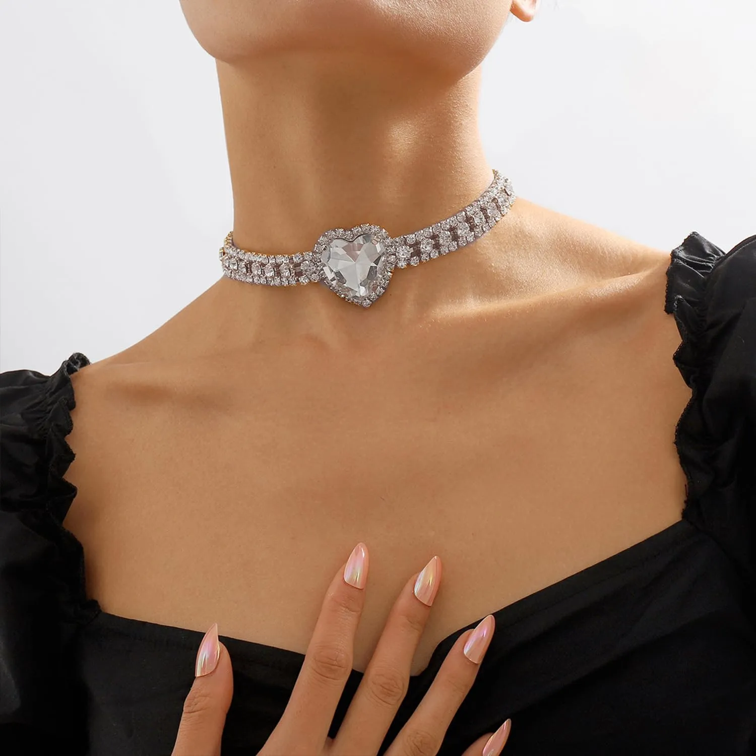 Rhinestone Pink Heart Necklace for Women Hot Pink Choker Necklace Chunky Heart Necklace Crystal Heart Choker Necklace Prom Necklaces Heart Tennis Necklace for Women Birthday Party Wedding Jewelry Accessories