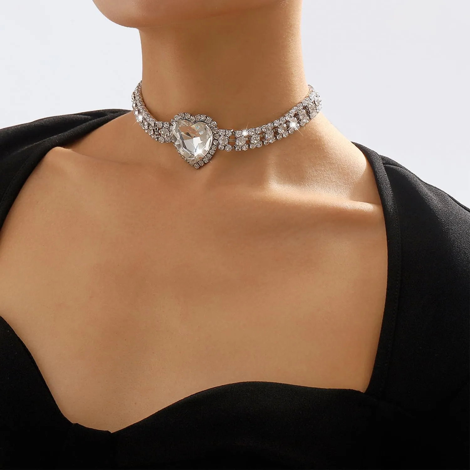 Rhinestone Pink Heart Necklace for Women Hot Pink Choker Necklace Chunky Heart Necklace Crystal Heart Choker Necklace Prom Necklaces Heart Tennis Necklace for Women Birthday Party Wedding Jewelry Accessories