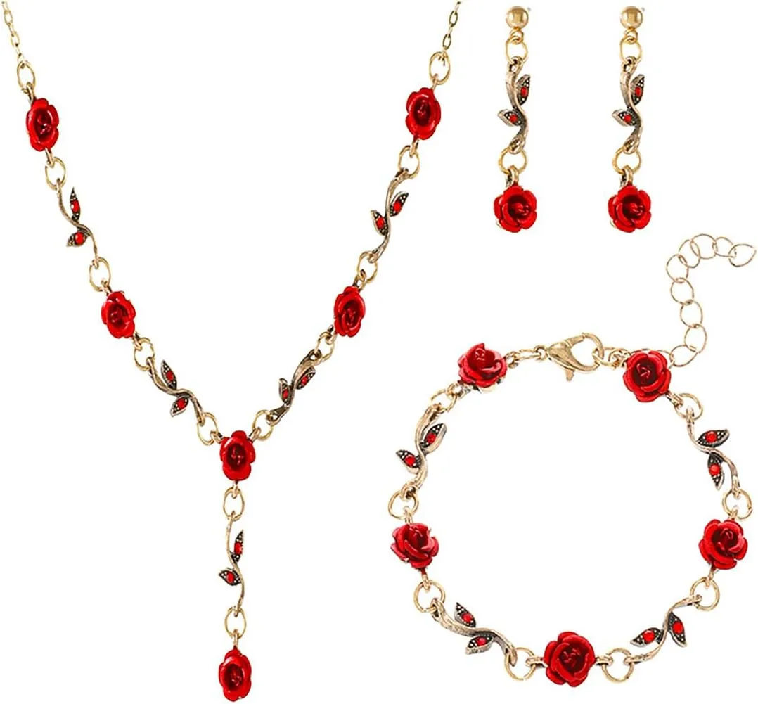 Rhinestone Rose Earring Bracelet Necklace Jewelry Set for Women Red Crystal Long Stud Earrings Flower Birthstone Cuff Wrap Hand Chain Floral Adjustable Golden Y Chain Necklaces Halloween