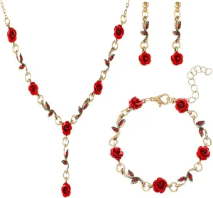 Rhinestone Rose Earring Bracelet Necklace Jewelry Set for Women Red Crystal Long Stud Earrings Flower Birthstone Cuff Wrap Hand Chain Floral Adjustable Golden Y Chain Necklaces Halloween