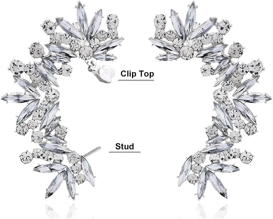 Rhinestone Silver Full Ear Cuff Earrings for Women Ear Clip Wrap Statement Climber Crawler Earrings for Women Hypoallergenic Silver Wedding Jewelry Gifts