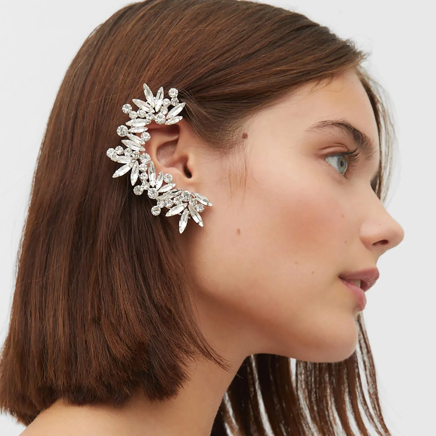 Rhinestone Silver Full Ear Cuff Earrings for Women Ear Clip Wrap Statement Climber Crawler Earrings for Women Hypoallergenic Silver Wedding Jewelry Gifts