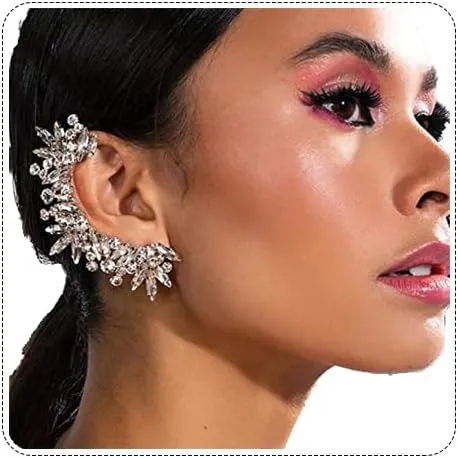Rhinestone Silver Full Ear Cuff Earrings for Women Ear Clip Wrap Statement Climber Crawler Earrings for Women Hypoallergenic Silver Wedding Jewelry Gifts