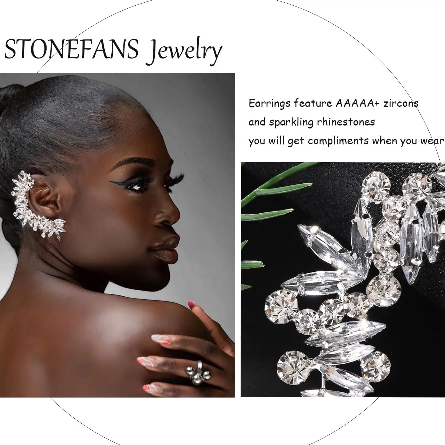 Rhinestone Silver Full Ear Cuff Earrings for Women Ear Clip Wrap Statement Climber Crawler Earrings for Women Hypoallergenic Silver Wedding Jewelry Gifts