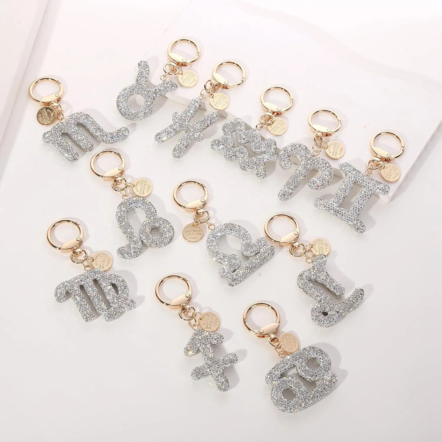 Rhinestone Zodiac Sign Horoscope Charms Key Ring 12 Constellation Astrology Key Chain for Women Birthday Jewelry
