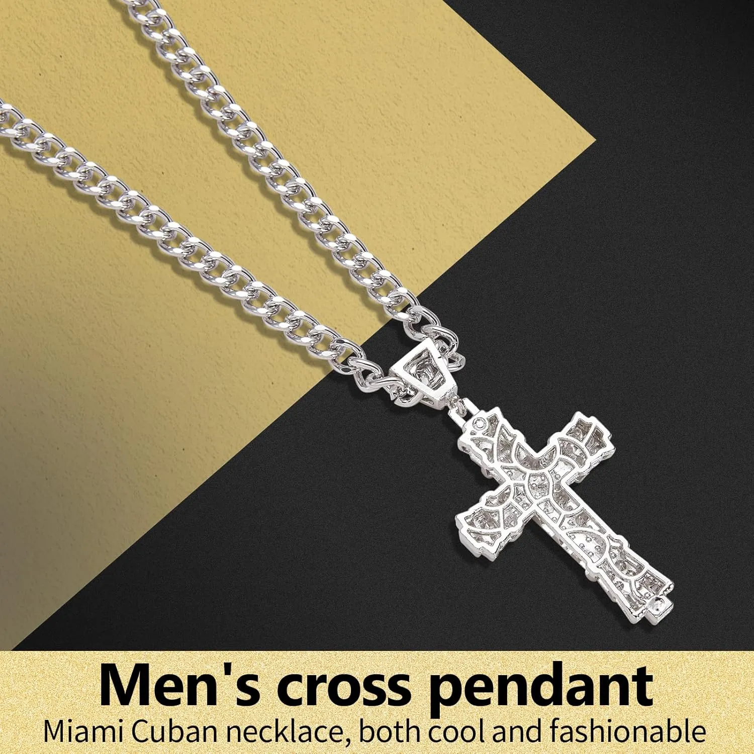 Rhinestones Cuban Link Chain Necklace with CZ Cross Pendant, 20inch Diamond Cuban Link Hip Hop Rapper Jewelry for Men and Women