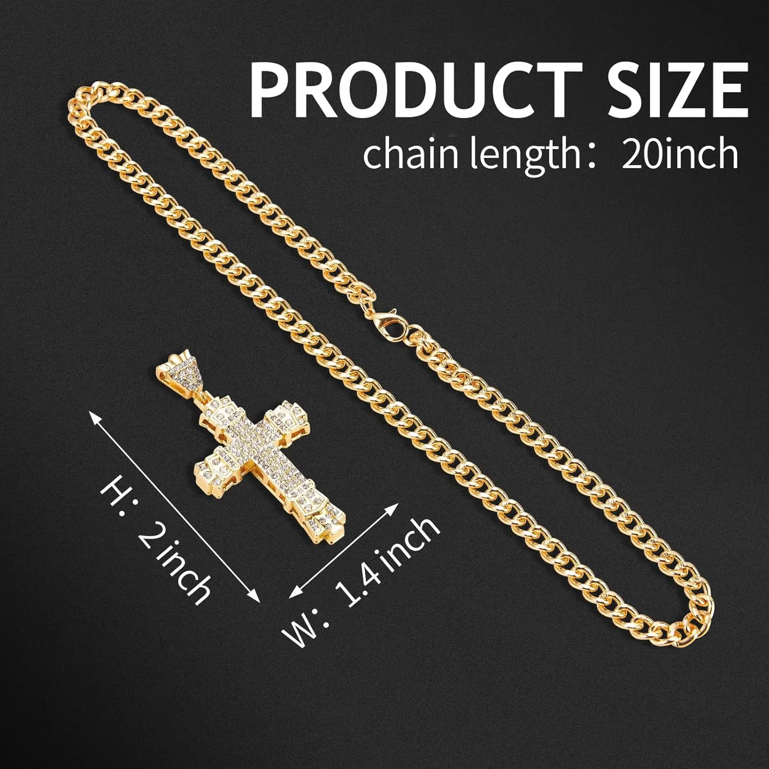 Rhinestones Cuban Link Chain Necklace with CZ Cross Pendant, 20inch Diamond Cuban Link Hip Hop Rapper Jewelry for Men and Women