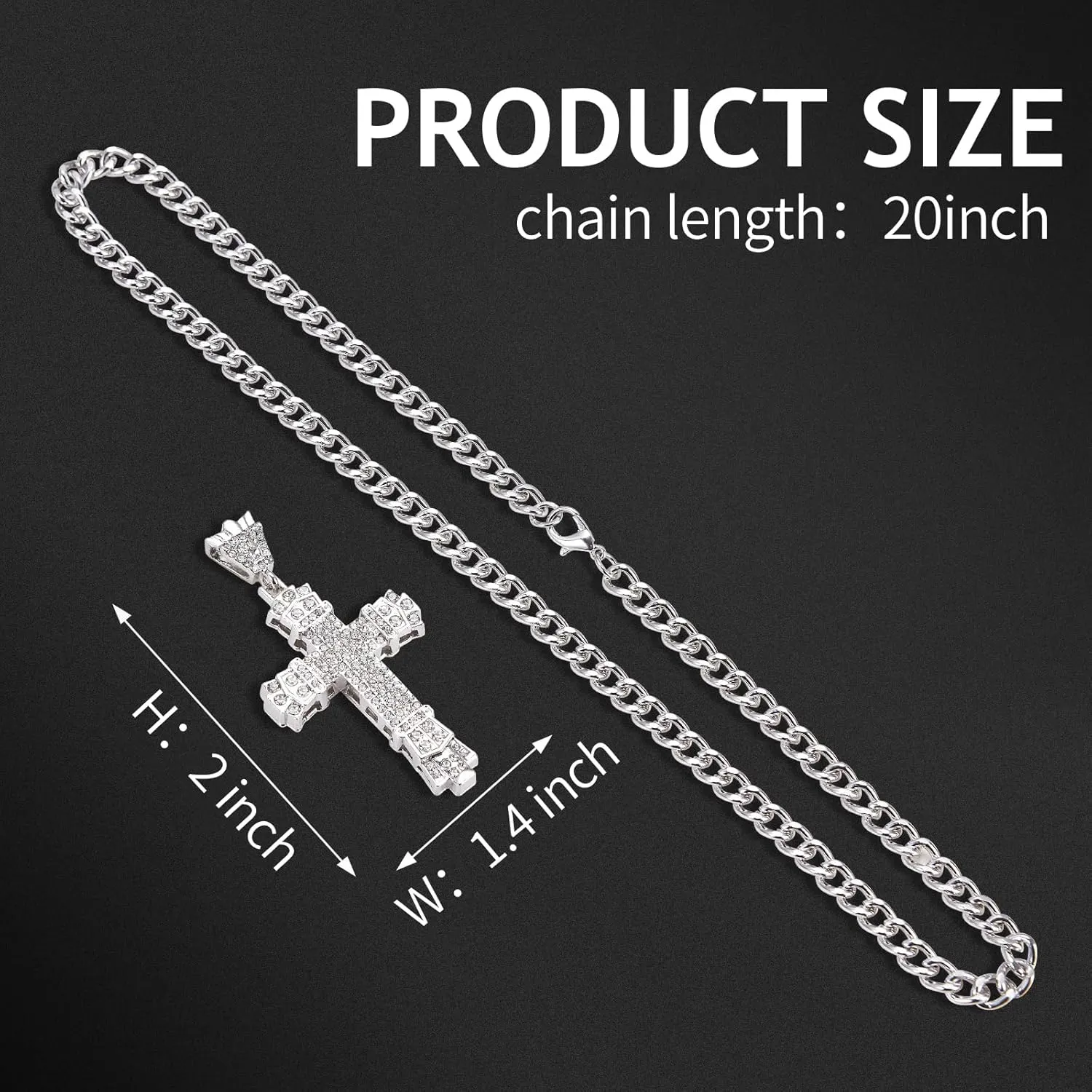 Rhinestones Cuban Link Chain Necklace with CZ Cross Pendant, 20inch Diamond Cuban Link Hip Hop Rapper Jewelry for Men and Women