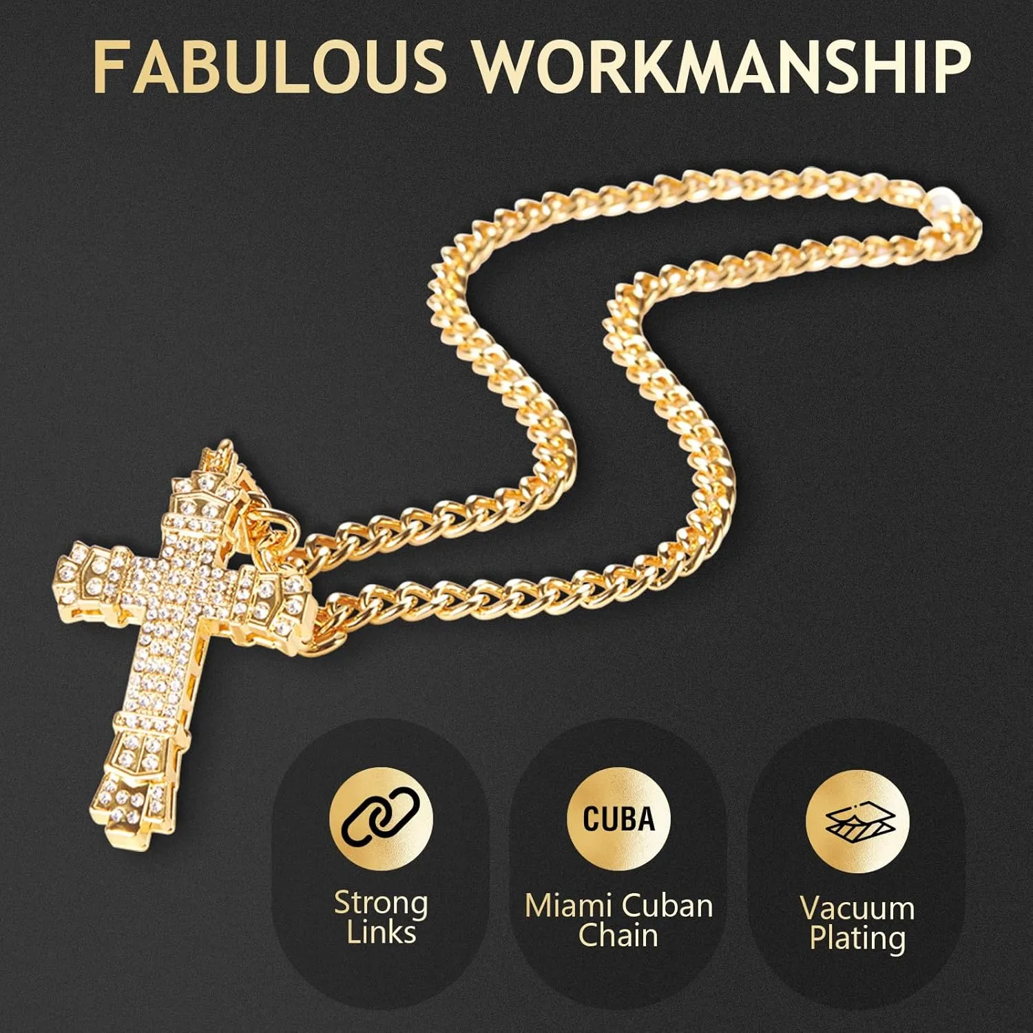 Rhinestones Cuban Link Chain Necklace with CZ Cross Pendant, 20inch Diamond Cuban Link Hip Hop Rapper Jewelry for Men and Women