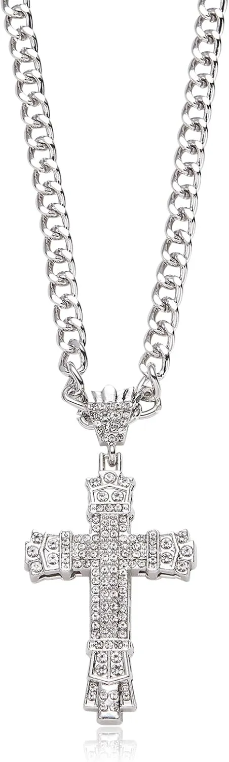 Rhinestones Cuban Link Chain Necklace with CZ Cross Pendant, 20inch Diamond Cuban Link Hip Hop Rapper Jewelry for Men and Women