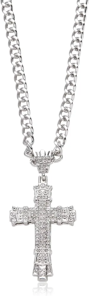 Rhinestones Cuban Link Chain Necklace with CZ Cross Pendant, 20inch Diamond Cuban Link Hip Hop Rapper Jewelry for Men and Women