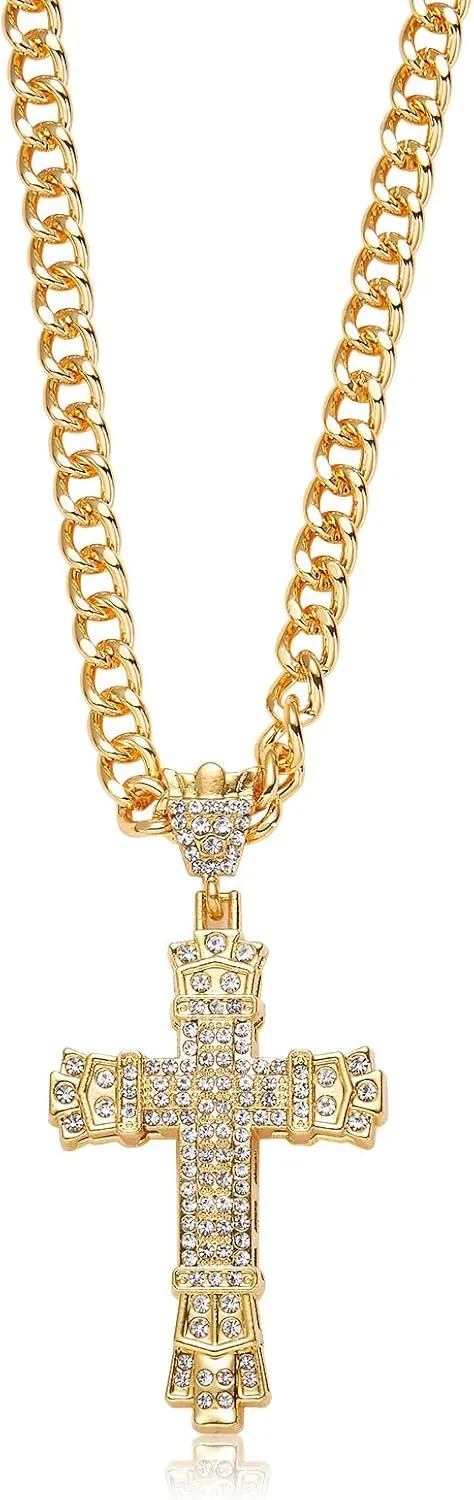 Rhinestones Cuban Link Chain Necklace with CZ Cross Pendant, 20inch Diamond Cuban Link Hip Hop Rapper Jewelry for Men and Women