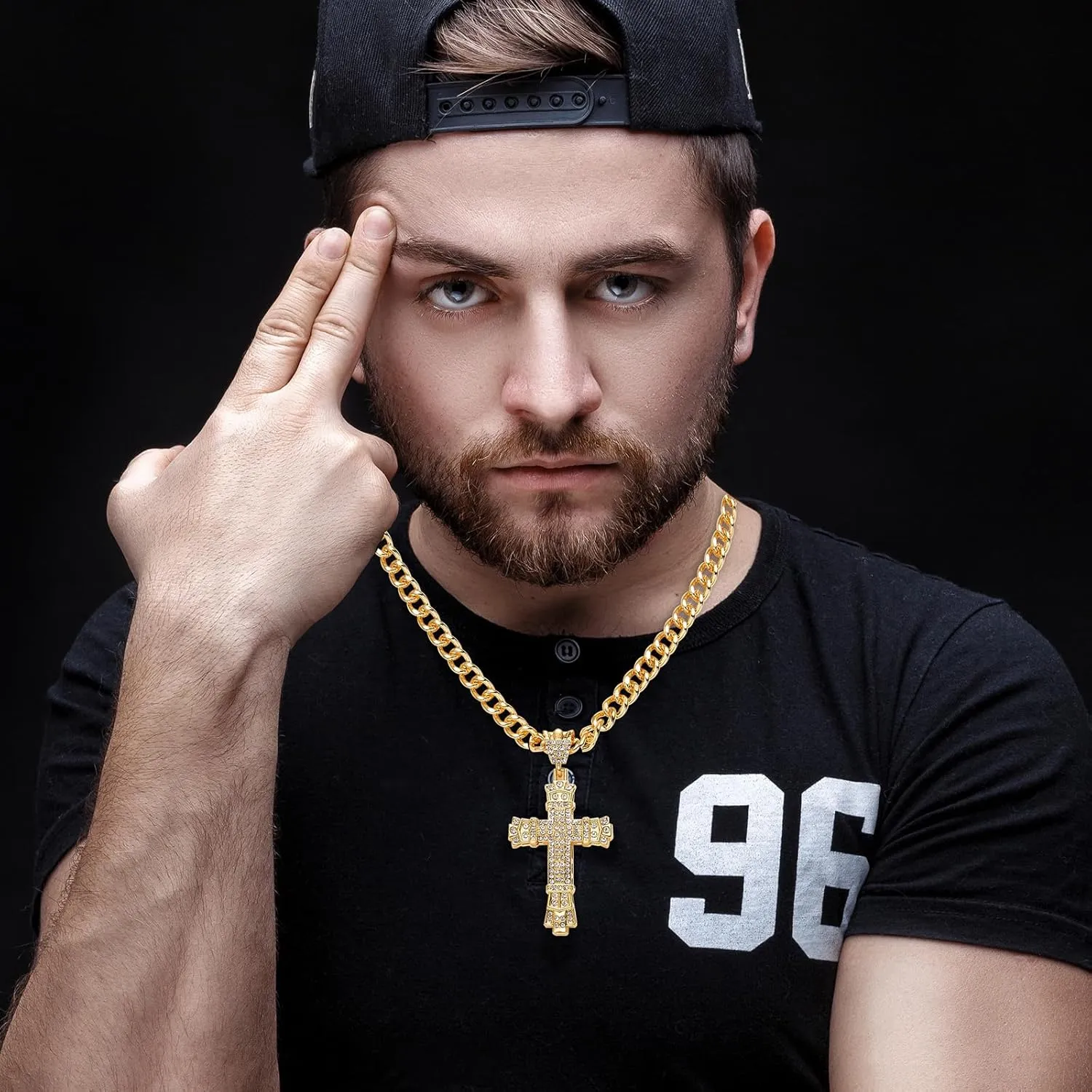 Rhinestones Cuban Link Chain Necklace with CZ Cross Pendant, 20inch Diamond Cuban Link Hip Hop Rapper Jewelry for Men and Women