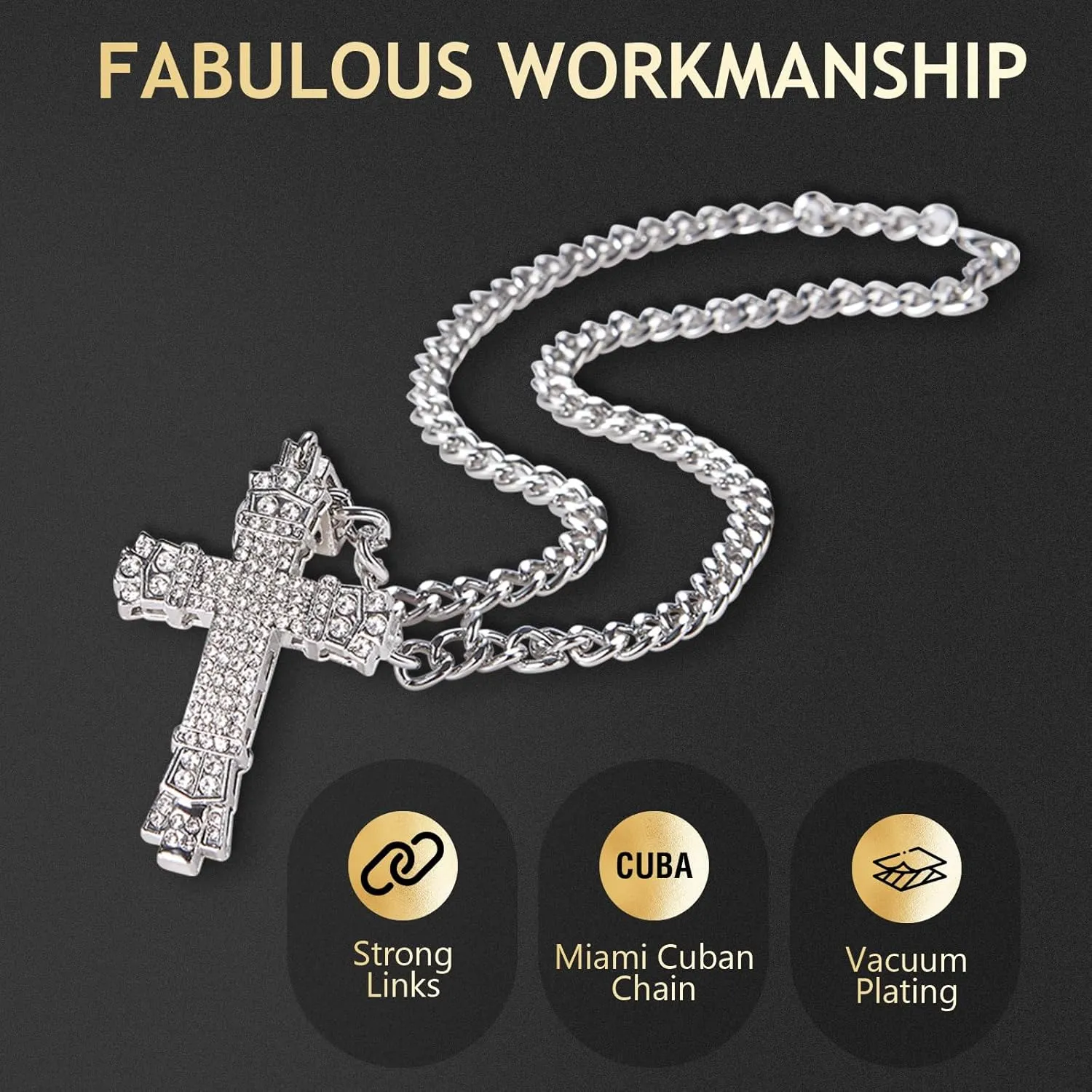 Rhinestones Cuban Link Chain Necklace with CZ Cross Pendant, 20inch Diamond Cuban Link Hip Hop Rapper Jewelry for Men and Women