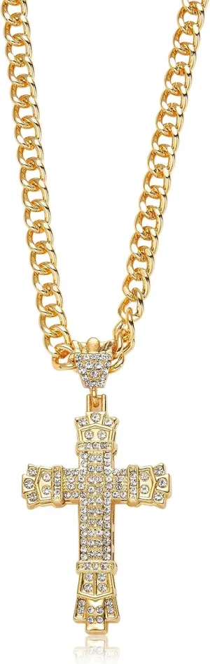Rhinestones Cuban Link Chain Necklace with CZ Cross Pendant, 20inch Diamond Cuban Link Hip Hop Rapper Jewelry for Men and Women
