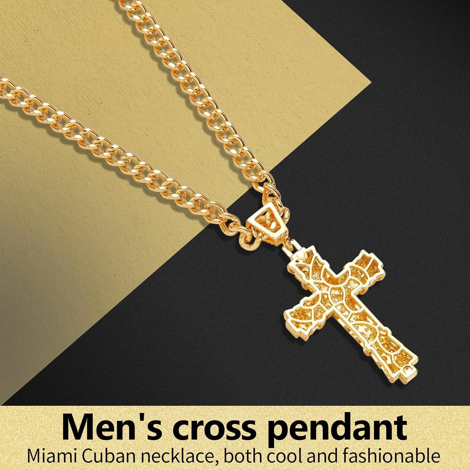 Rhinestones Cuban Link Chain Necklace with CZ Cross Pendant, 20inch Diamond Cuban Link Hip Hop Rapper Jewelry for Men and Women